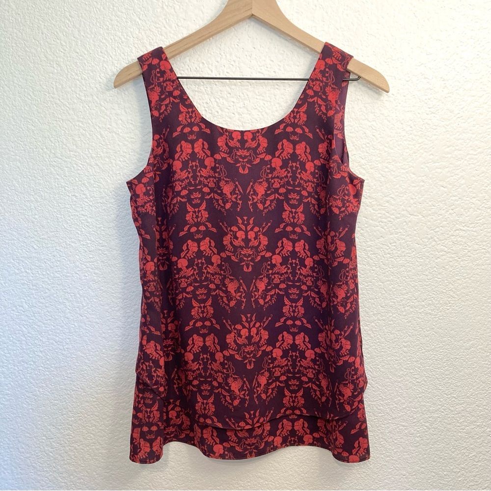 Cabi Cameo Print Purple Red Dressy Layered Sleeveless Top Tank Small